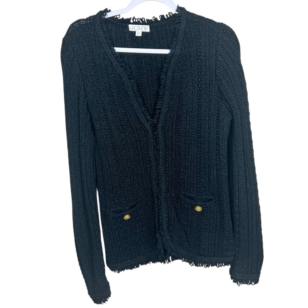 J. Crew Textured Cable-Knit Lady Jacket with Fringe Small Black - Picture 2 of 10